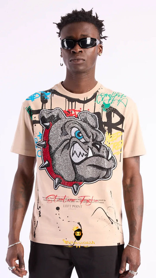 Camiseta Left Point Beige Pedrería Brillante Bulldog Collar Rojo - Rey De La Calle