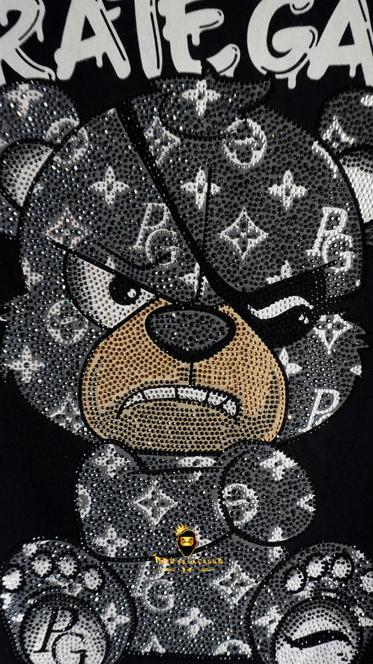 Camiseta Slim Fit Pirate Gang París Negra Pedrería Brillante Oso Negro - Rey De La Calle