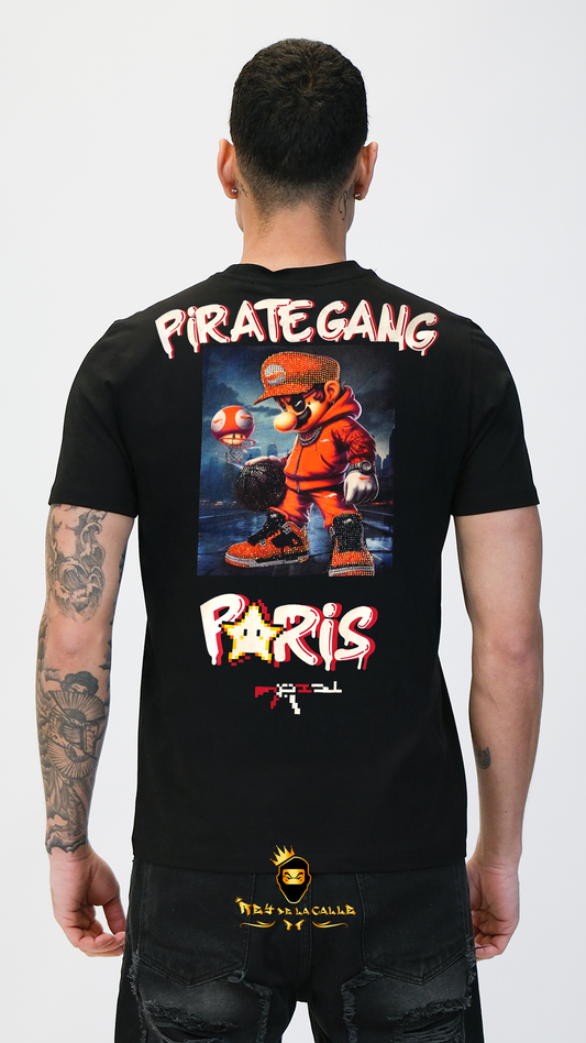 Camiseta Pirate Gang París Negra Terciopelo y Pedrería Brillante Mario Bros - Rey De La Calle