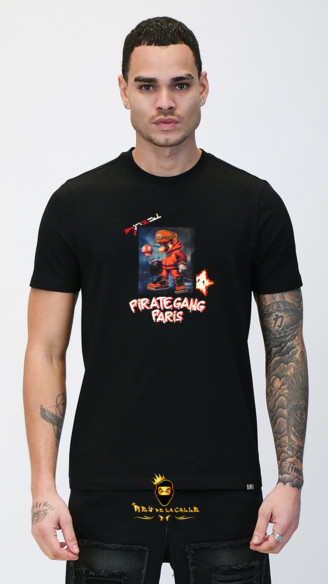 Camiseta Pirate Gang París Negra Terciopelo y Pedrería Brillante Mario Bros - Rey De La Calle