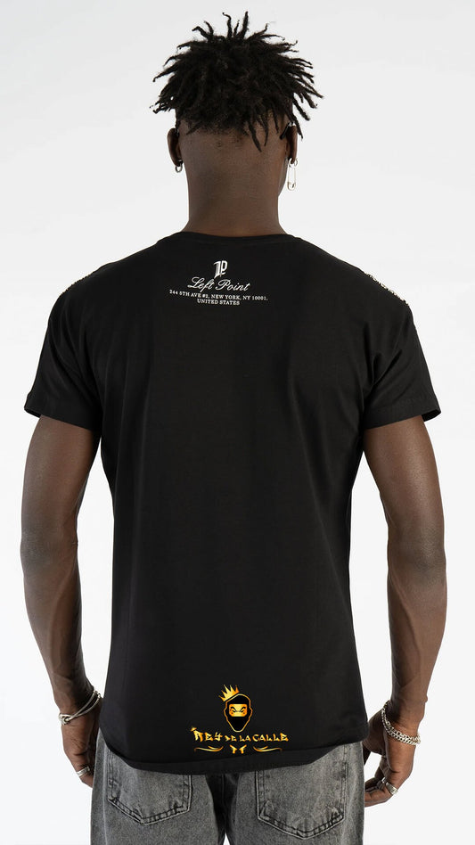 Camiseta Left Point Negra Pedrería Brillante Calavera Con Alas Plateada - Rey De La Calle