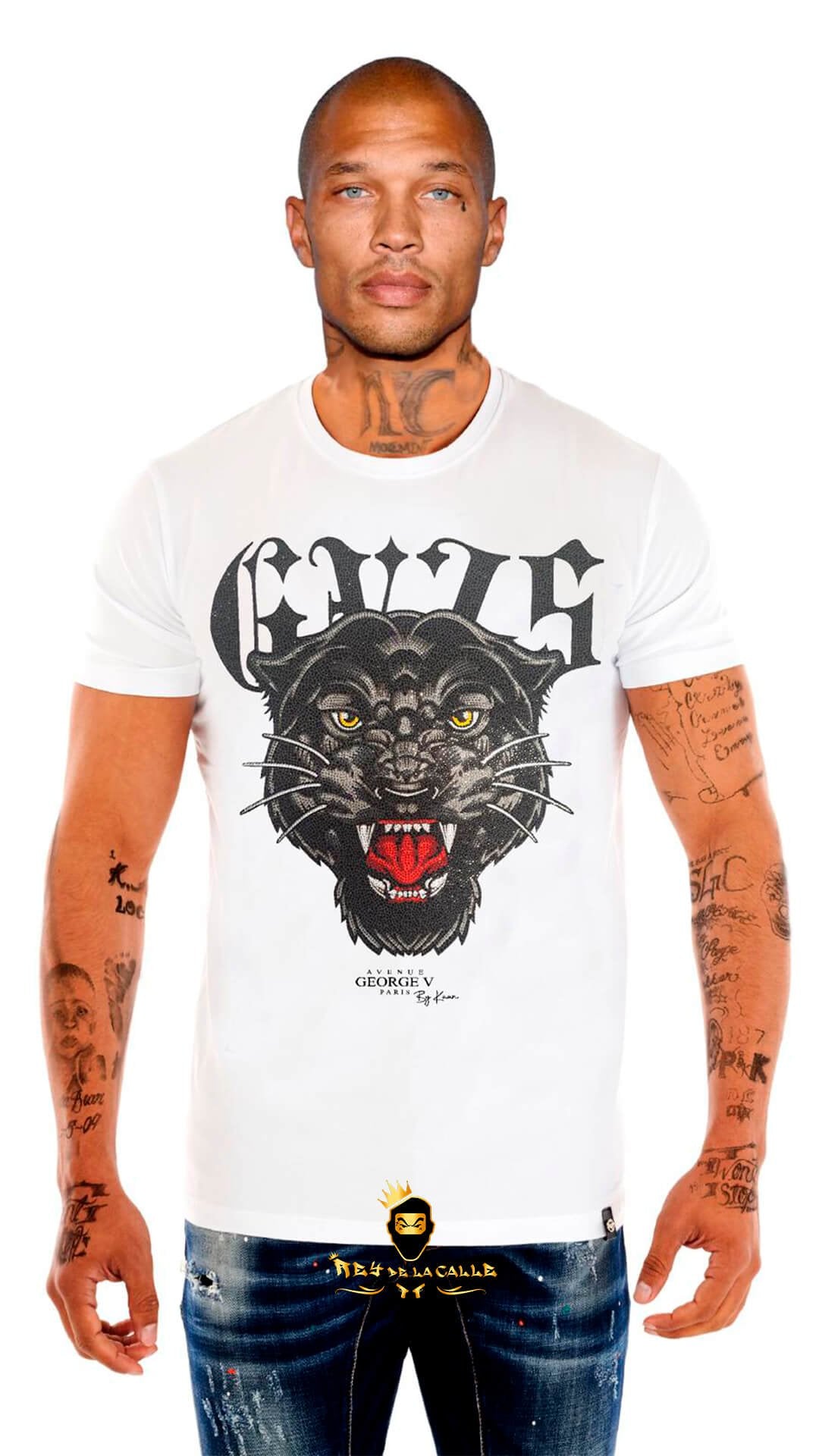 Camiseta Avenue George V París Blanca Pedrería Brillante Pantera - Rey De La Calle