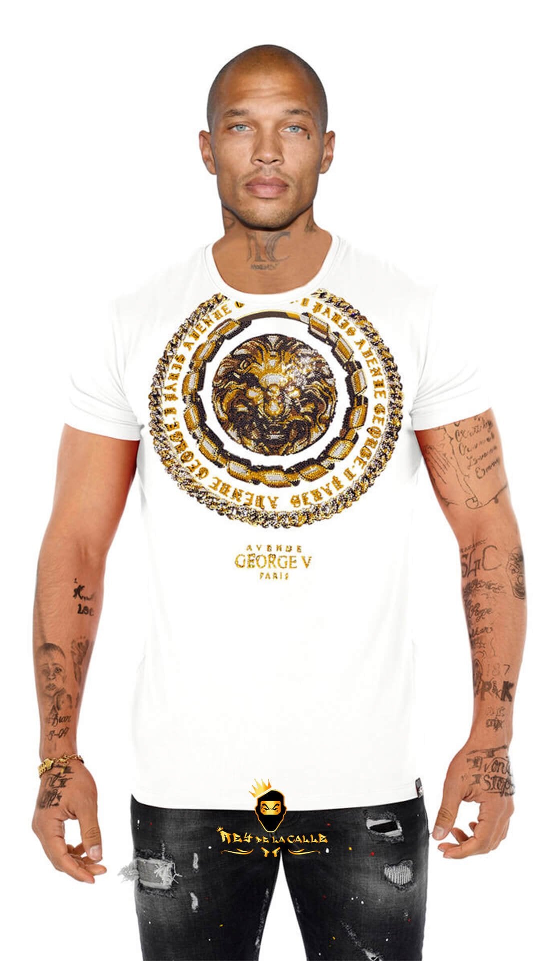 Camiseta Slim Fit Avenue George V París Blanca Pedrería Brillante Sello León - Rey De La Calle