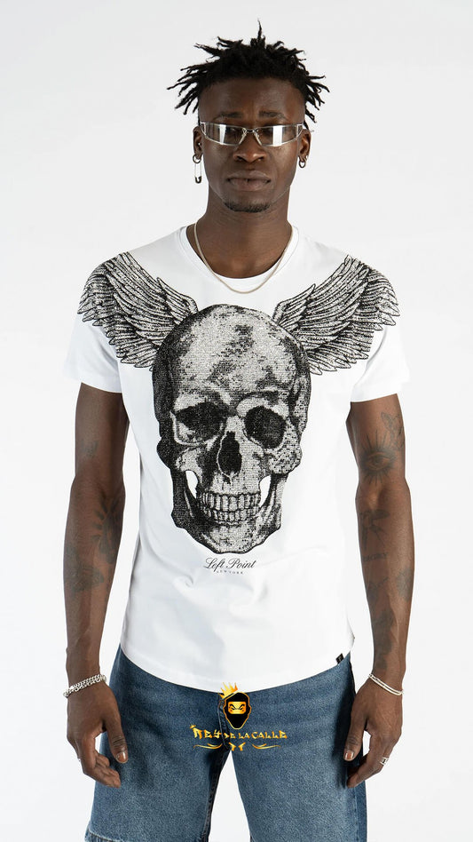 Camiseta Left Point Blanca Pedrería Brillante Calavera Con Alas Plateada - Rey De La Calle