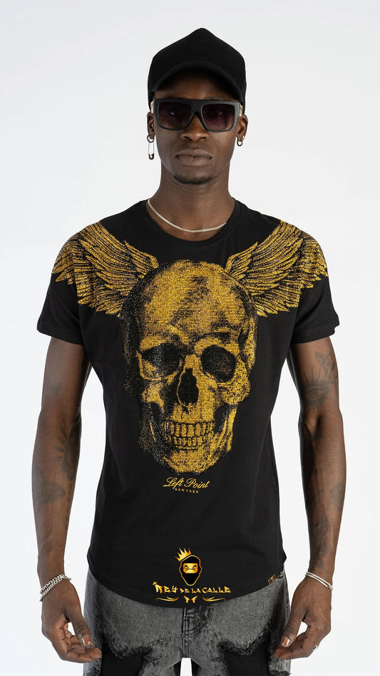 Camiseta Left Point Negra Pedrería Brillante Calavera Con Alas Doradas - Rey De La Calle