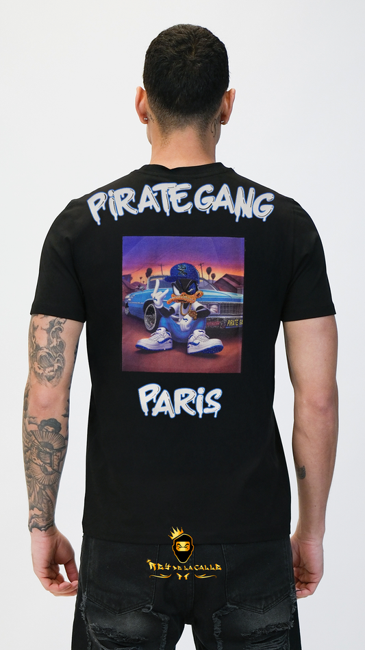 Camiseta Pirate Gang París Negra Terciopelo y Pedrería Brillante Pato Lucas - Rey De La Calle