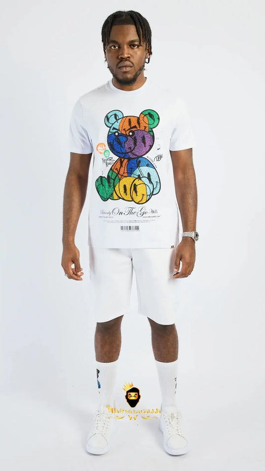 Camiseta Left Point Blanca Pedrería Brillante Oso Colorido - Rey De La Calle
