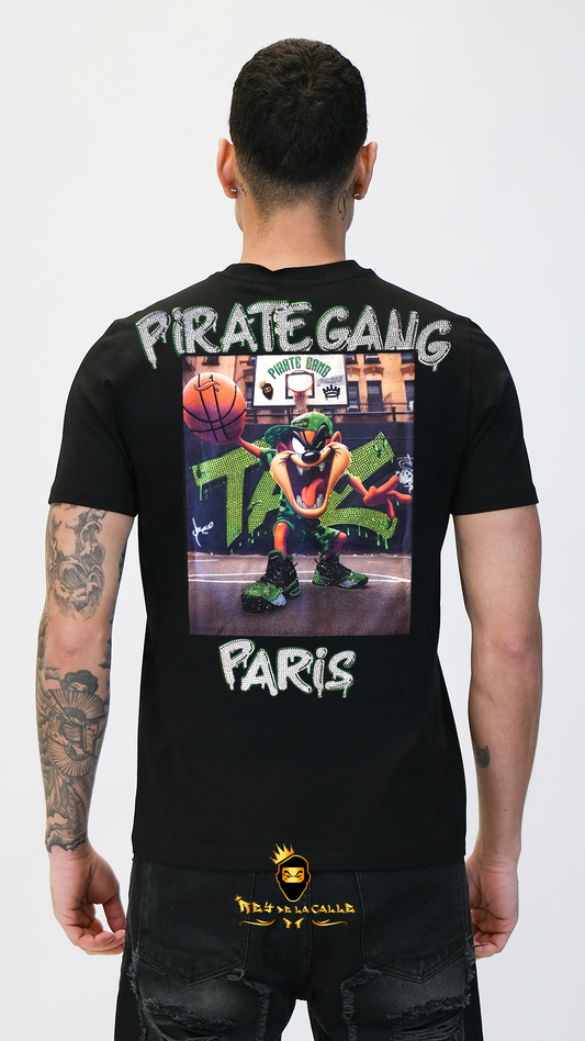Camiseta Pirate Gang París Negra Terciopelo y Pedrería Brillante Taz - Rey De La Calle