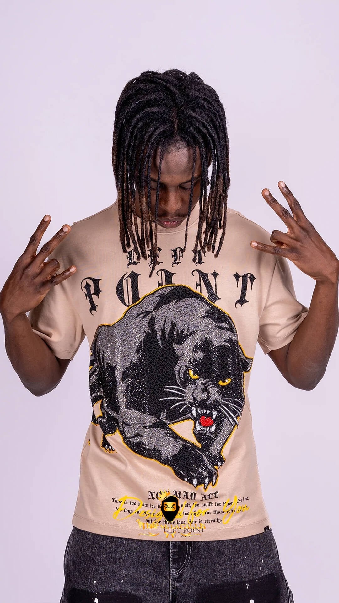 Camiseta Left Point Beige Pedreria Brillante Pantera - Rey De La Calle