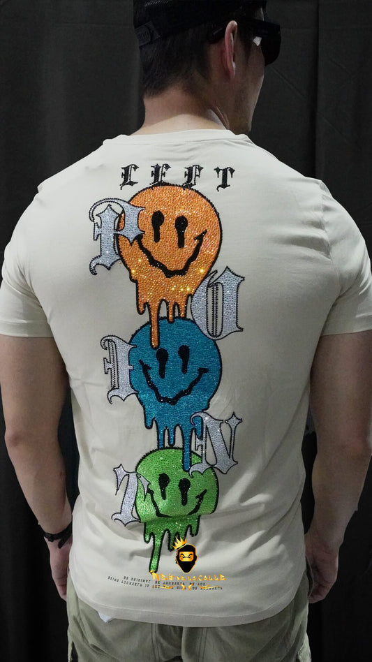 Camiseta Left Point Beige Pedrería Brillante Emoticons - Rey De La Calle