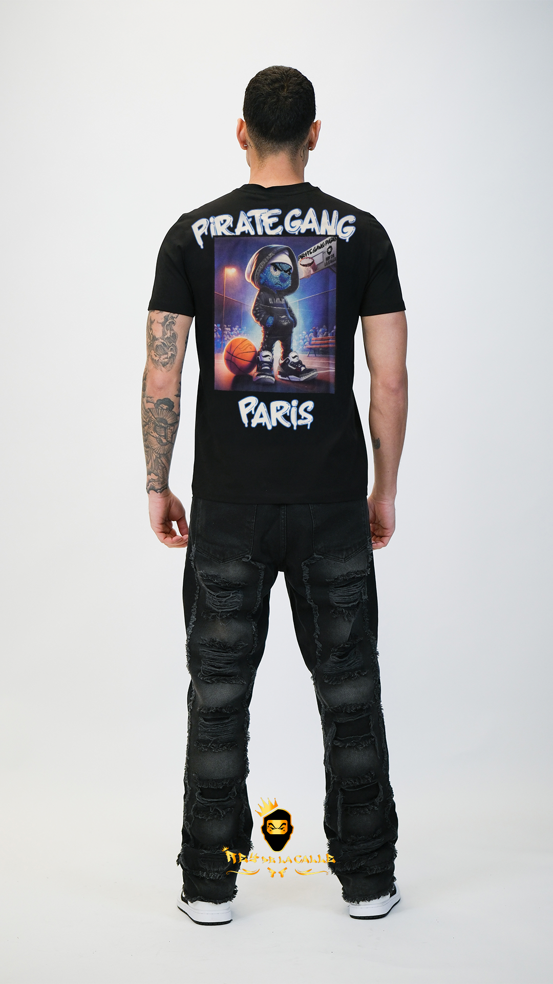 Camiseta Pirate Gang París Negra Terciopelo y Pedrería Brillante Pitufo Gangster - Rey De La Calle