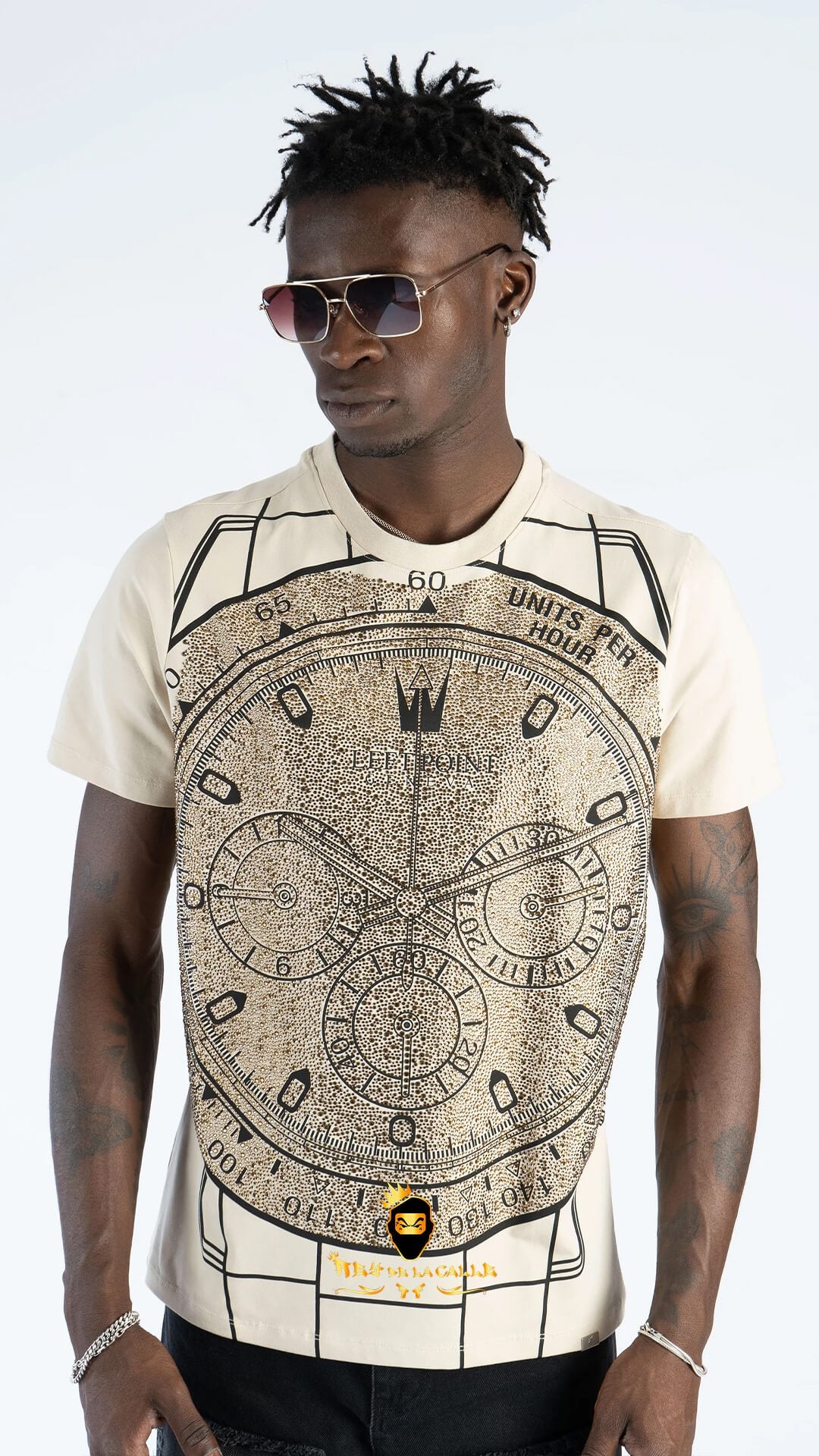Camiseta Left Point Beige Pedrería Brillante Reloj Delantero - Rey De La Calle