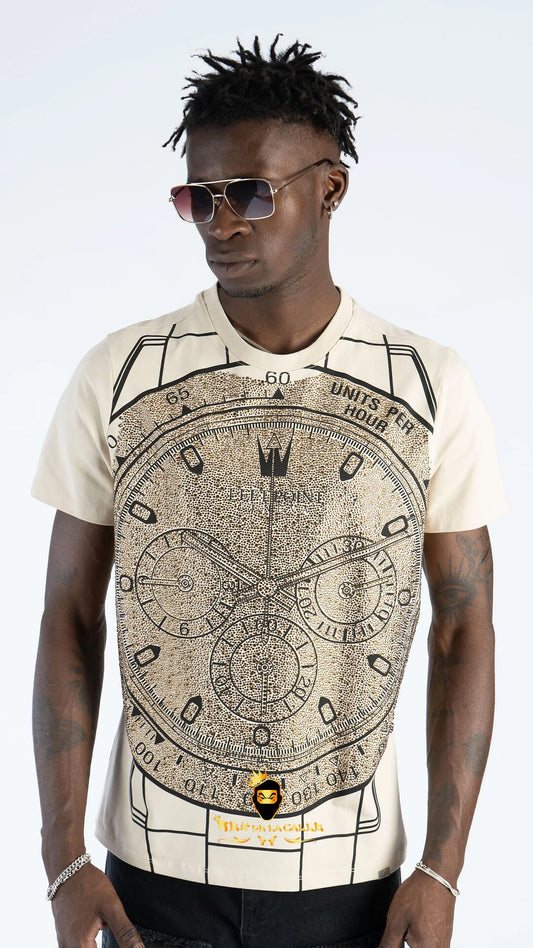 Camiseta Left Point Beige Pedrería Brillante Reloj Delantero - Rey De La Calle
