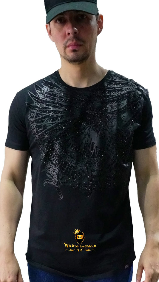 Camiseta Left Point Negra Pedrería Brillante Águila - Rey De La Calle