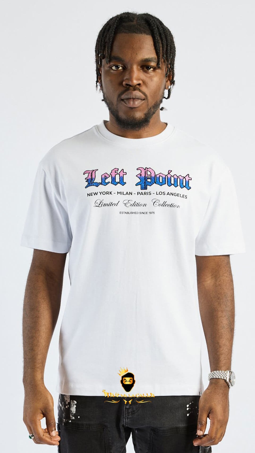 Camiseta Left Point Blanca Pedrería Brillante Calavera Rosa Con Azul - Rey De La Calle