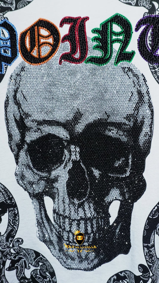 Camiseta Left Point Blanca Pedrería Brillante Calavera Point - Rey De La Calle