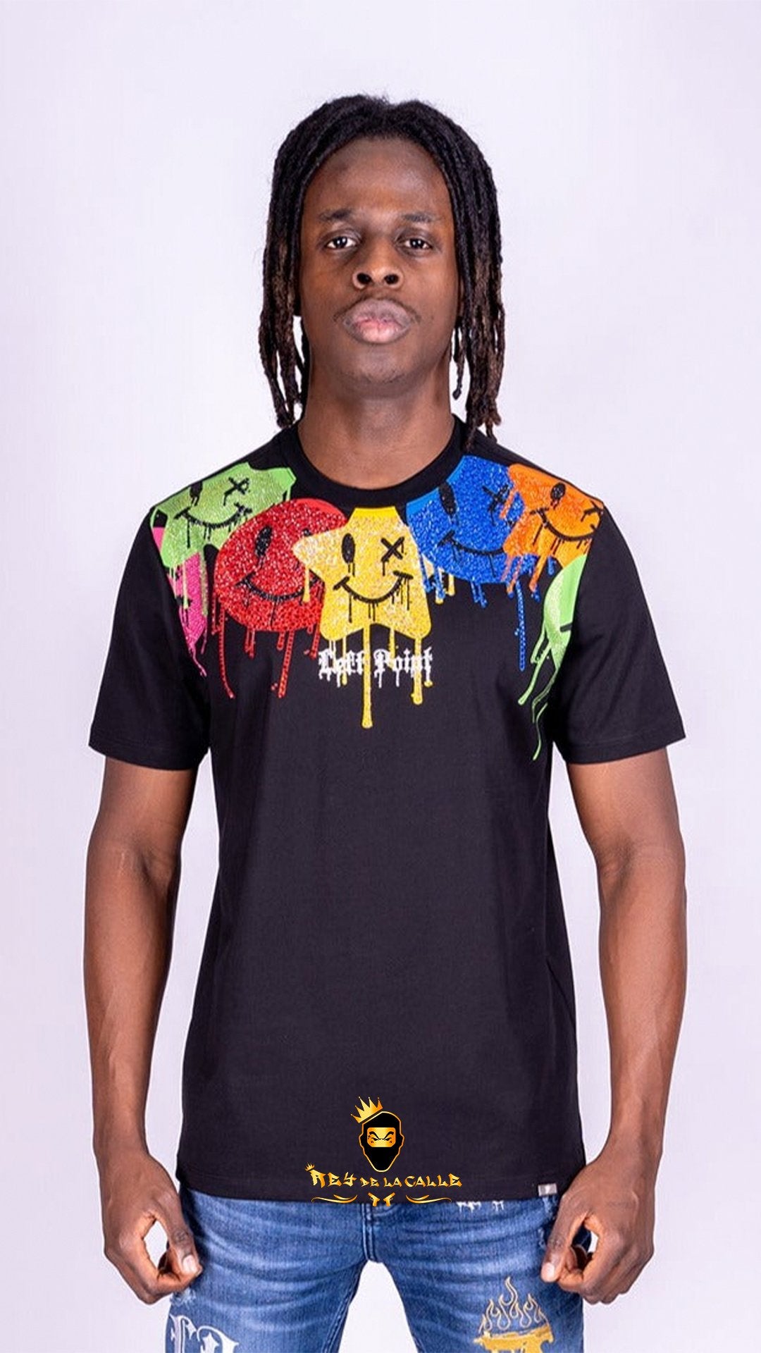 Camiseta Left Point Negra Pedrería Brillante Estrellas De Colores - Rey De La Calle