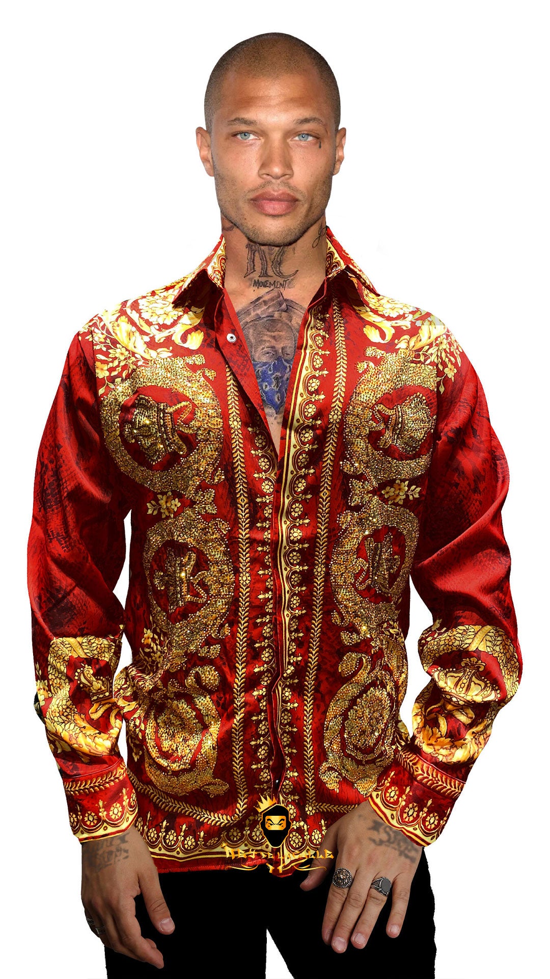 Camisa Satin con Pedrería Roja y Dorada