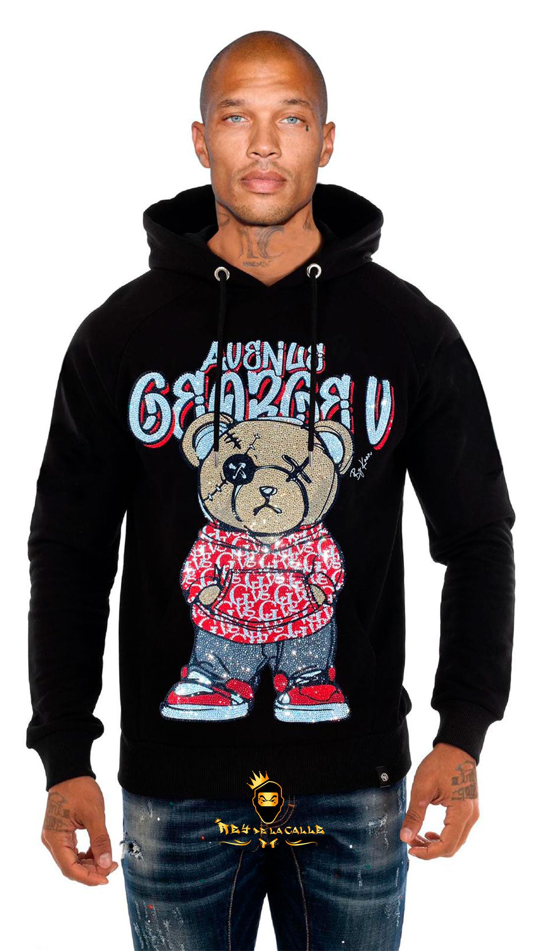SUDADERA AVENUE GEORGE V PARIS negra DE OSITO CON DETALLES ROJO Rey De La Calle