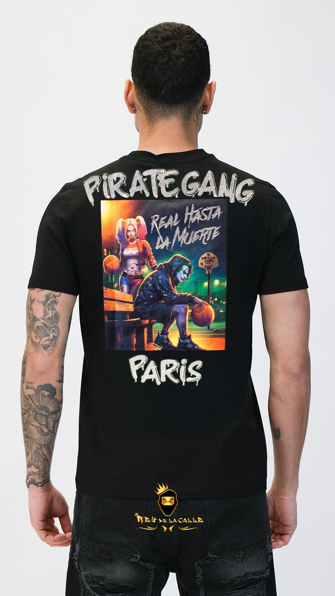 Camiseta Pirate Gang París Negra Terciopelo y Pedrería Brillante Joker - Rey De La Calle