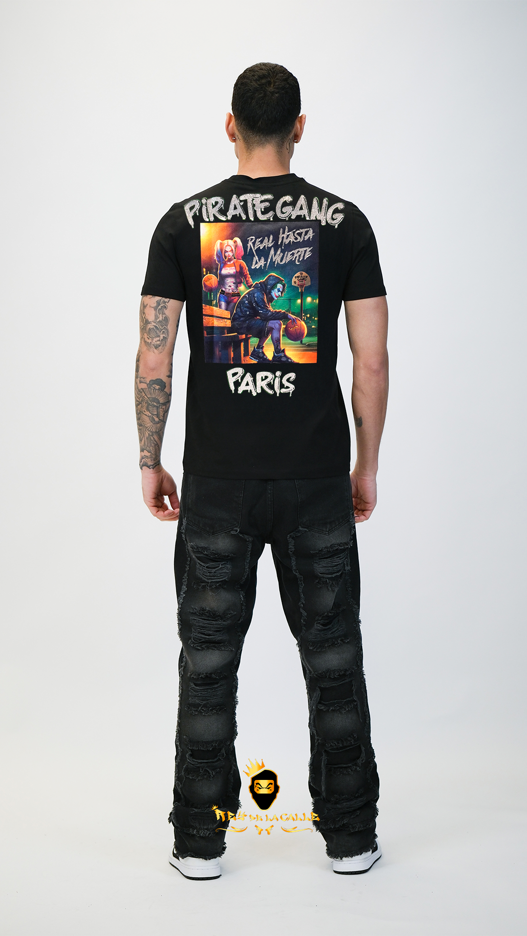 Camiseta Pirate Gang París Negra Terciopelo y Pedrería Brillante Joker - Rey De La Calle
