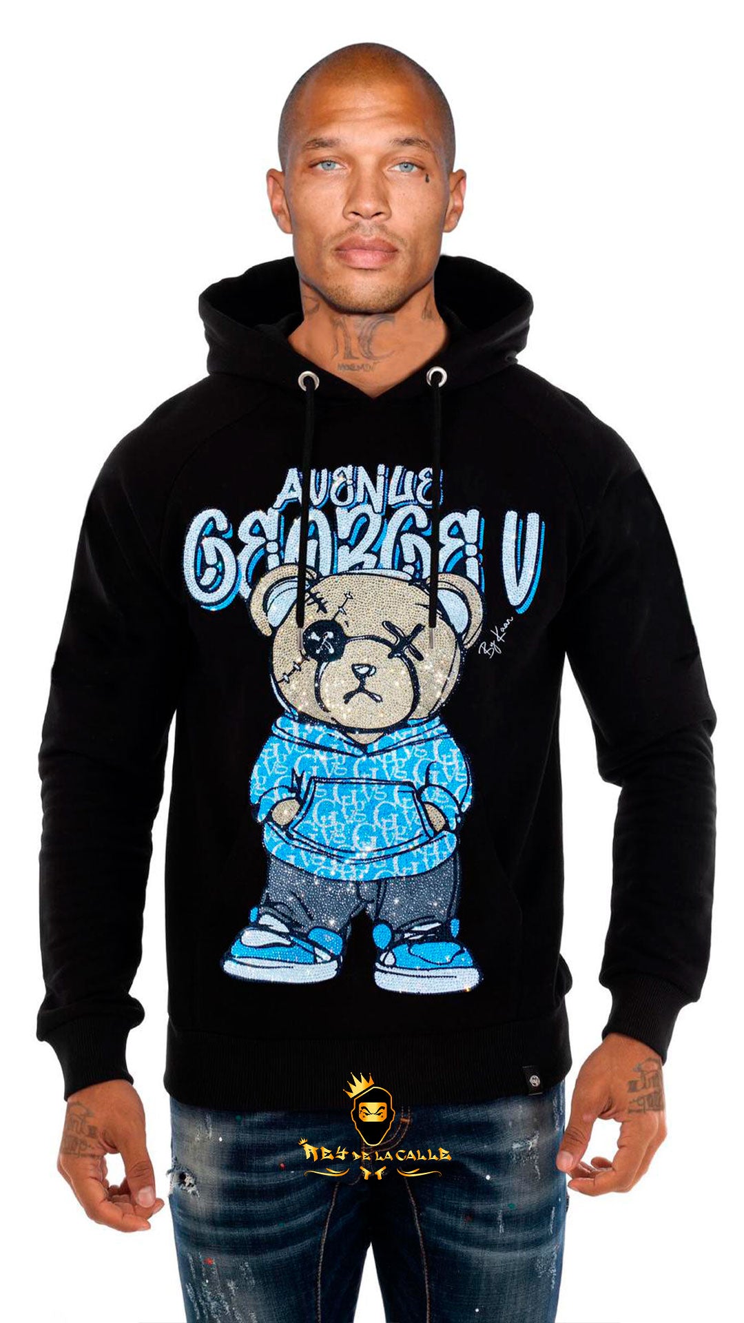 SUDADERA AVENUE GEORGE V PARIS negra DE OSITO CON DETALLES AZUL Rey De La Calle