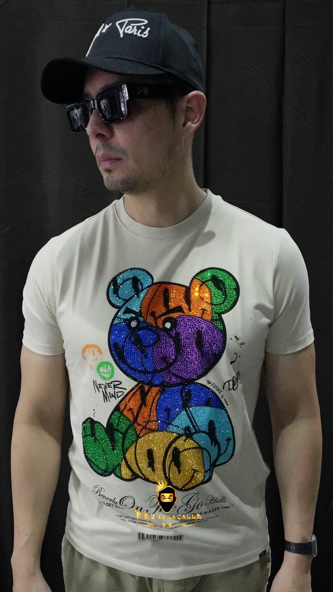Camiseta Left Point Beige Pedrería Brillante Oso Colorido - Rey De La Calle