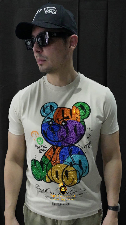 Camiseta Left Point Beige Pedrería Brillante Oso Colorido - Rey De La Calle