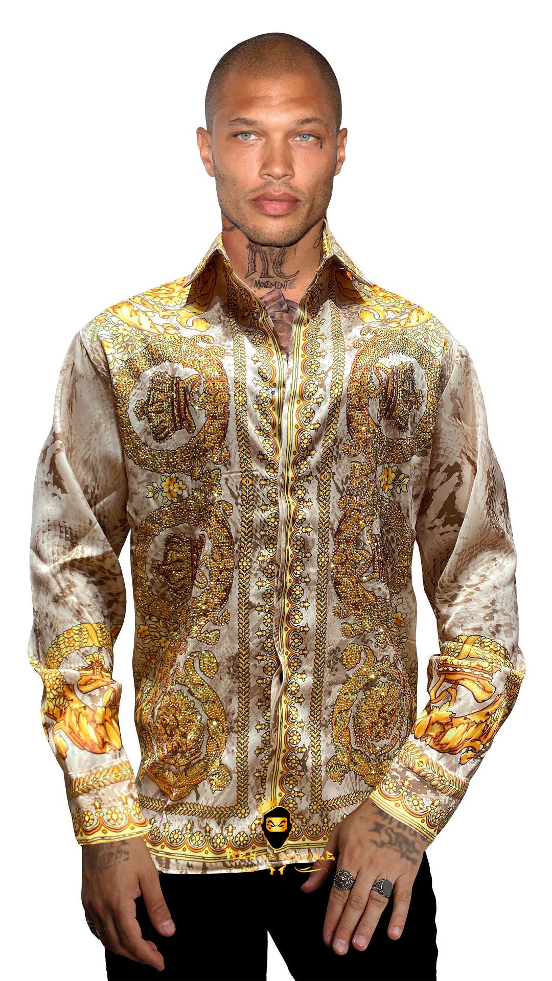 Camisa Satin con Pedrería Blanca y Dorada