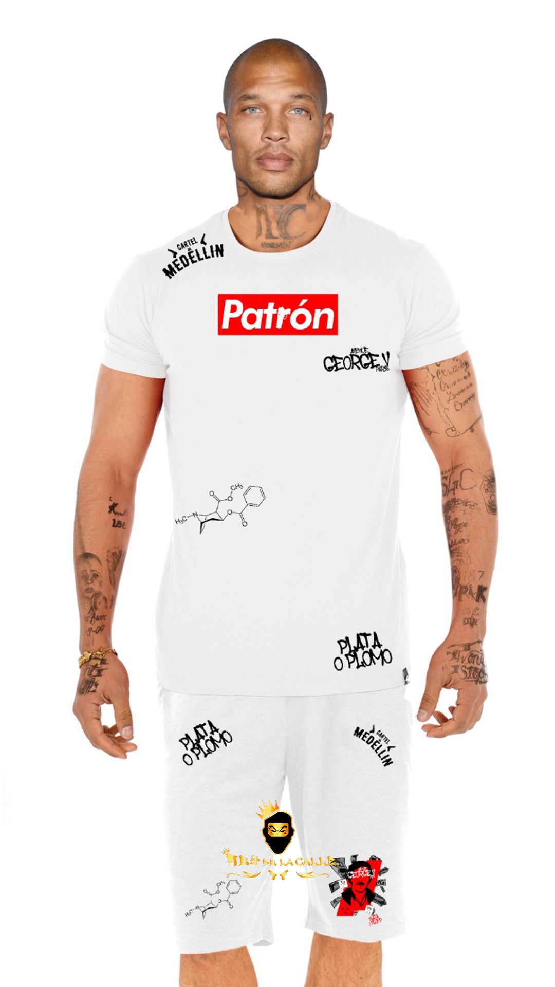 Conjunto Urbano Blanco El Patrón - Camiseta y Short con Gráfico Plata o Plomo y Tatuajes Rey De La Calle