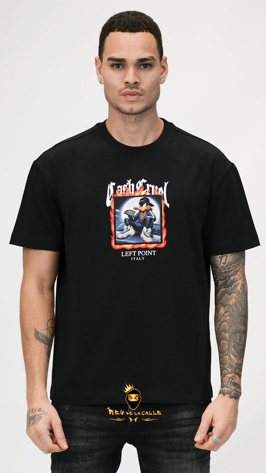 Camiseta Left Point Negra Terciopelo y Pedrería Brillante Pato Lucas - Rey De La Calle