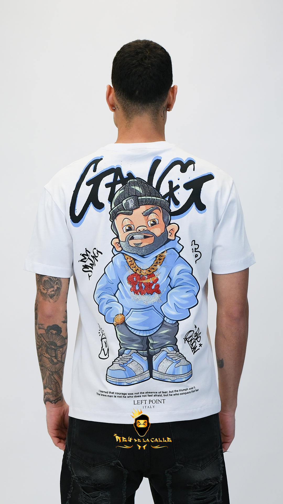 Camiseta Left Point Blanca Terciopelo y Pedreria Brillante GANG - Rey De La Calle