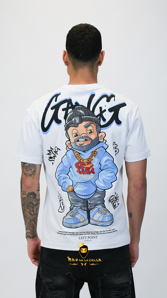 Camiseta Left Point Blanca Terciopelo y Pedreria Brillante GANG - Rey De La Calle