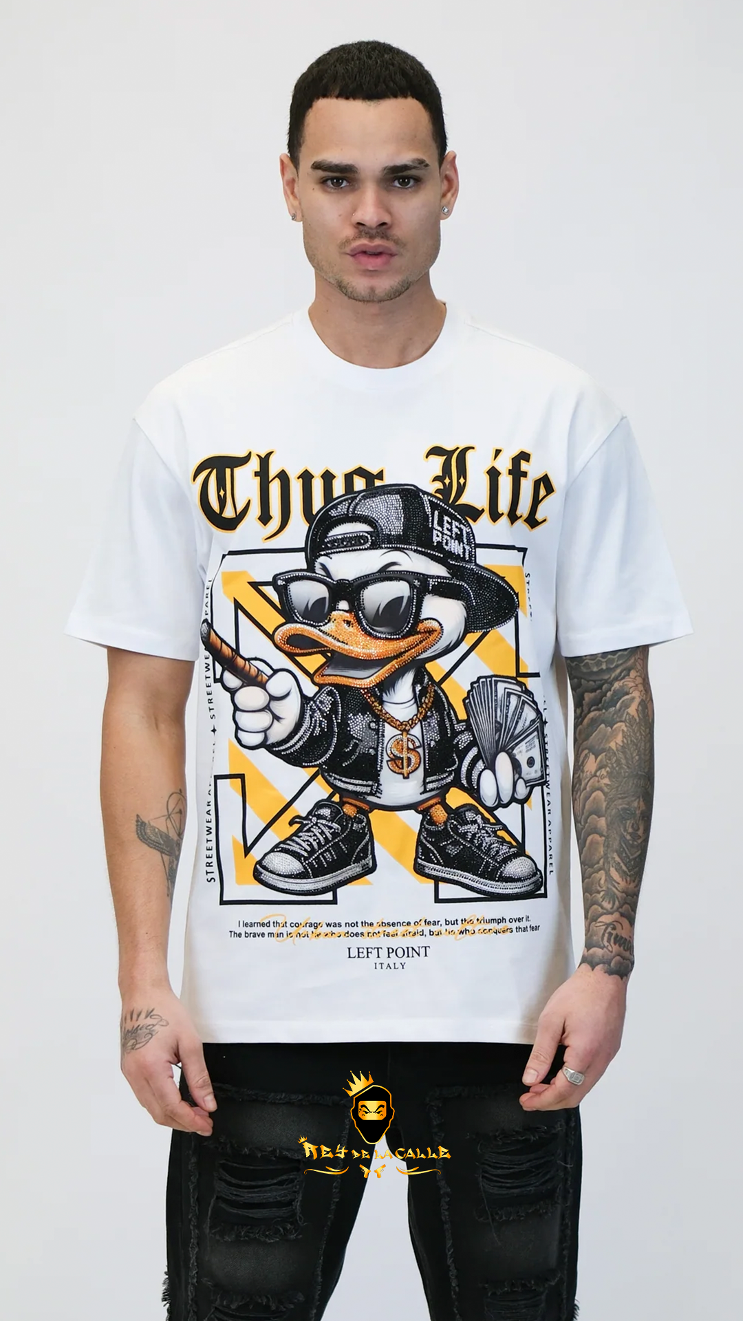 Camiseta Left Point Blanca Terciopelo y Pedreria Brillante Pato Thug Life Rey De La Calle
