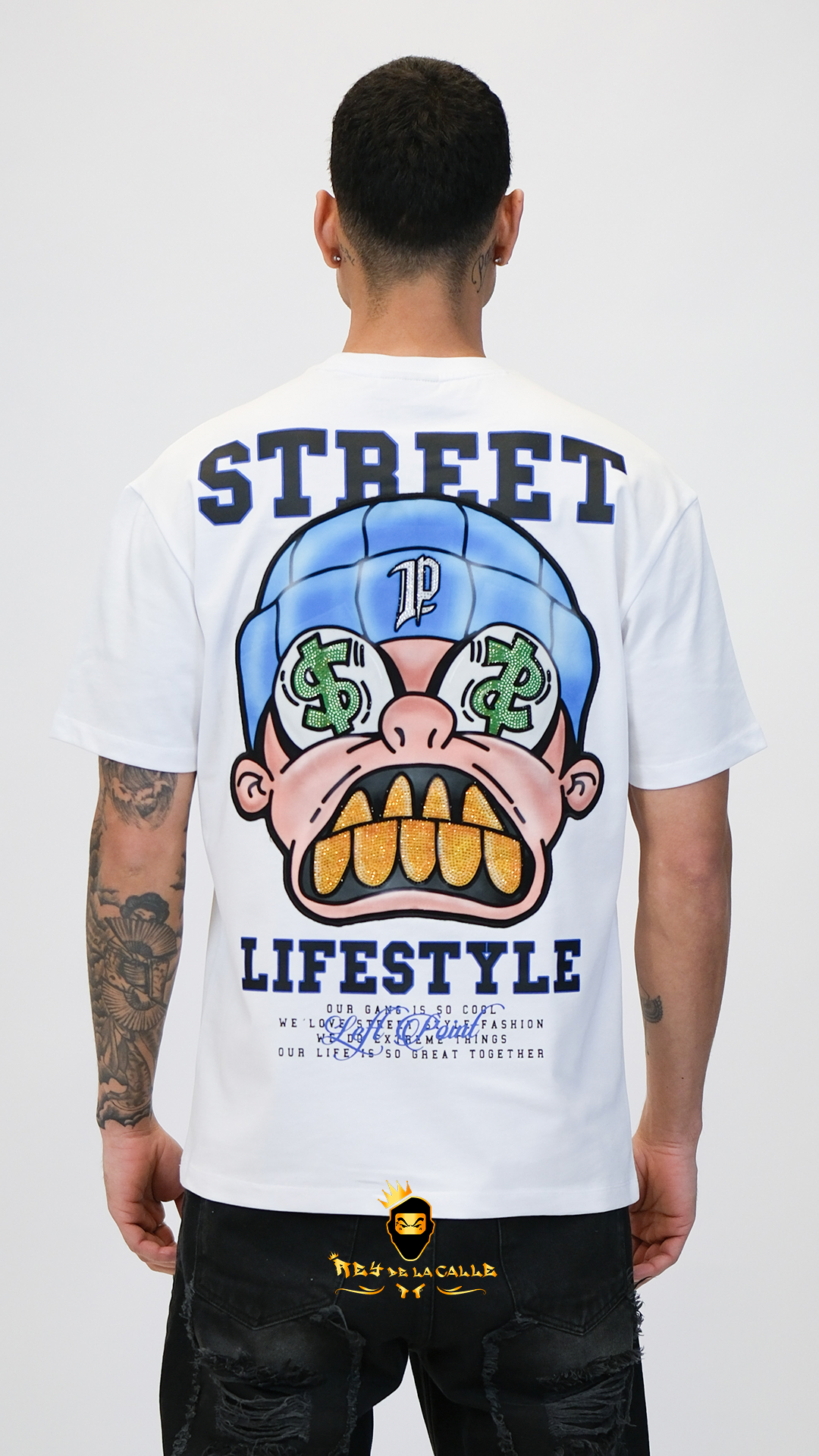 Camiseta Left Point Blanca Terciopelo y Pedreria Brillante Street Lifestyle - Rey De La Calle