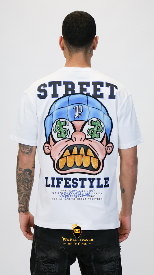 Camiseta Left Point Blanca Terciopelo y Pedreria Brillante Street Lifestyle - Rey De La Calle