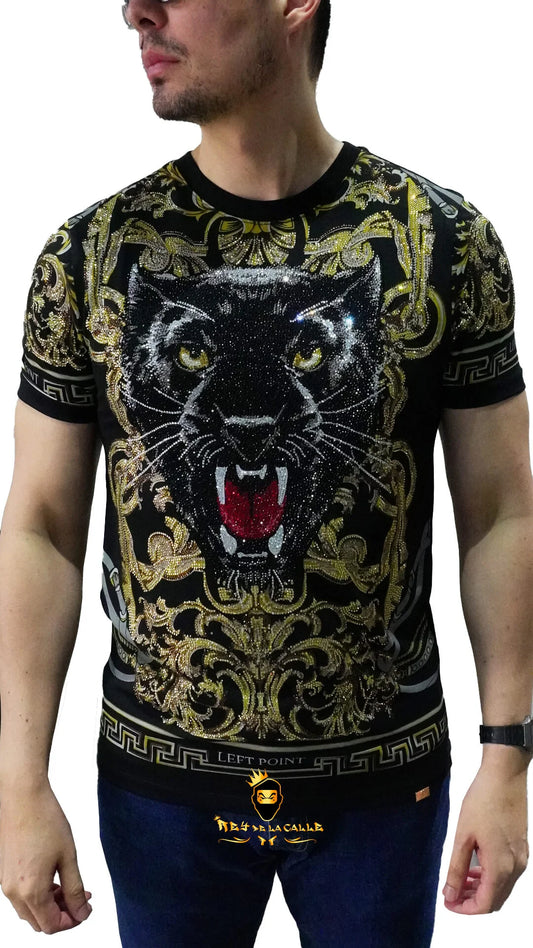 Camiseta Left Point Negra Pedrería Brillante Pantera - Rey De La Calle