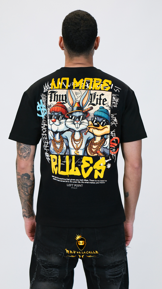 Camiseta Left Point Negra Terciopelo y Pedrería Brillante Bugs y Amigos - Rey De La Calle