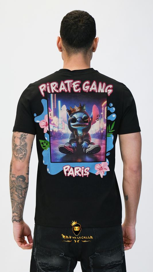 Camiseta Pirate Gang París Negra Terciopelo y Pedrería Brillante Stitch - Rey De La Calle