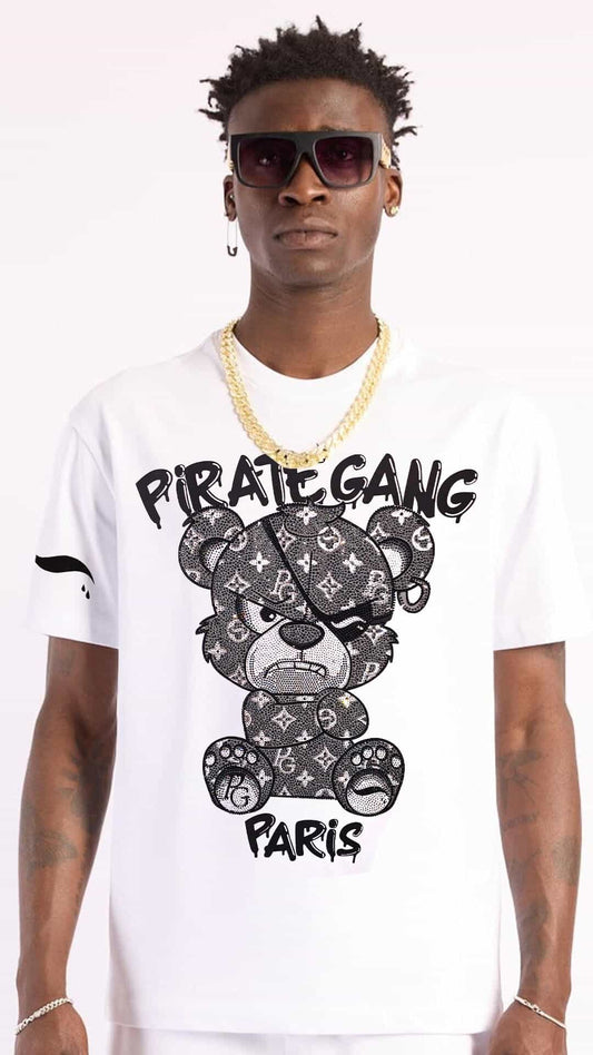 Camiseta Slim Fit Pirate Gang París Blanca Pedrería Brillante Oso Negro - Rey De La Calle