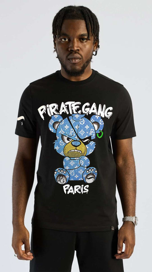 Camiseta Slim Fit Pirate Gang París Negra Pedrería Brillante Oso Azul - Rey De La Calle