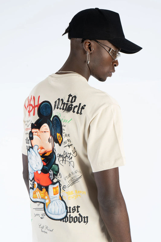 Camiseta Left Point Beige Terciopelo y Pedrería Brillante Mickey Mouse - Rey De La Calle