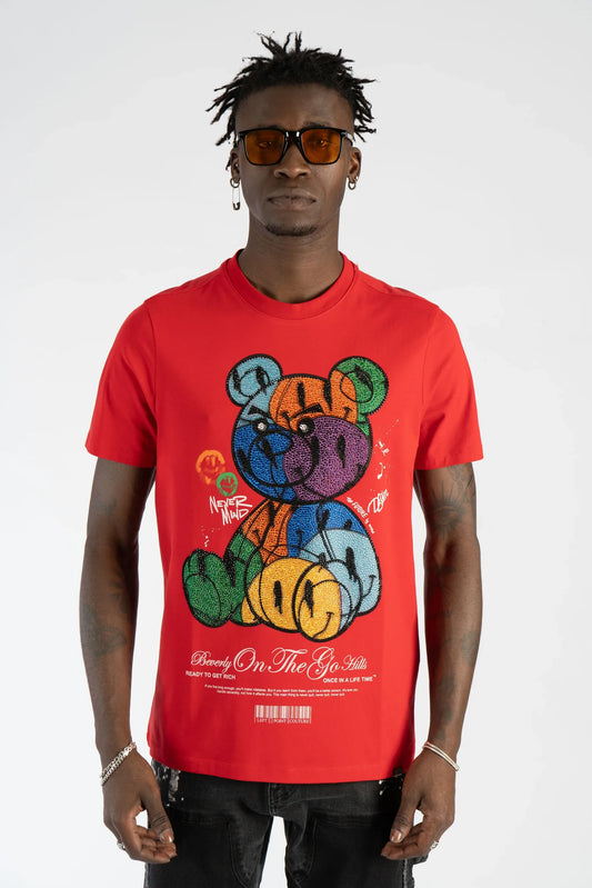 Camiseta Left Point Roja Pedrería Brillante Oso Colorido - Rey De La Calle