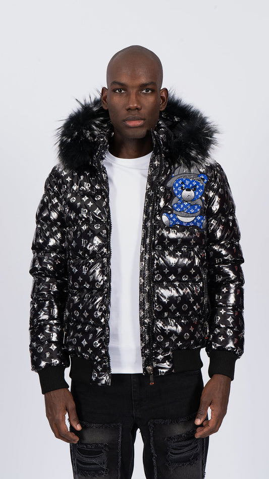 Chaqueta Plumífero Negro Monograma con Capucha de Pelo y Diseño de Osito Gánster Azul