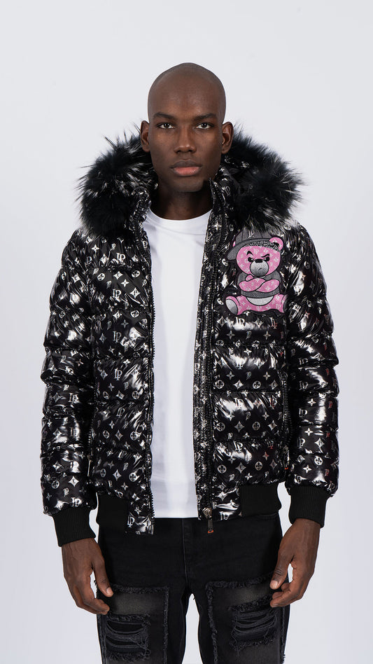 Chaqueta Plumífero Negro Monograma con Capucha de Pelo y Diseño de Osito Gánster Rosa