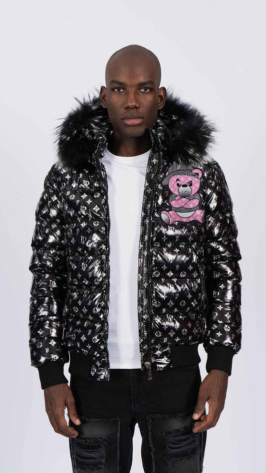 Chaqueta Plumífero Negro Monograma con Capucha de Pelo y Diseño de Osito Gánster Rosa