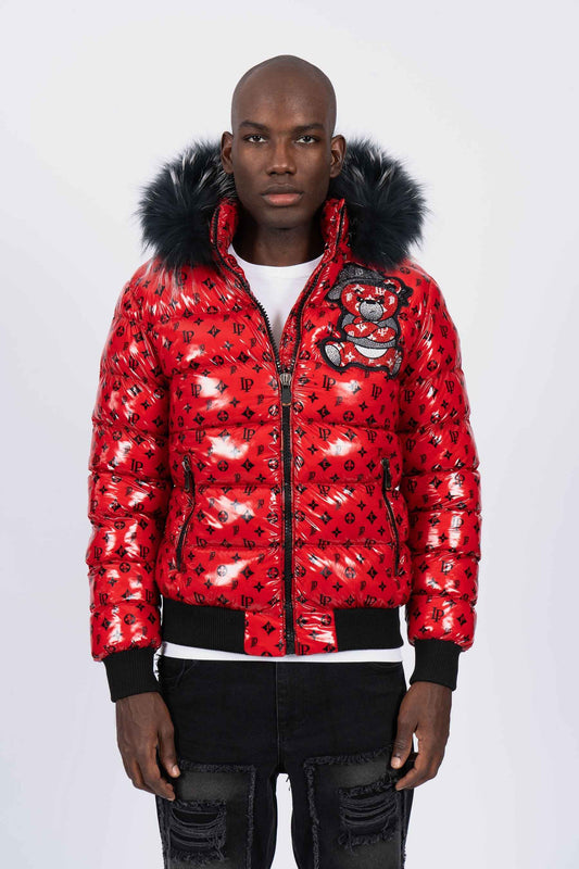 Chaqueta Plumífero Rojo Monograma con Capucha de Pelo y Diseño de Osito Gánster
