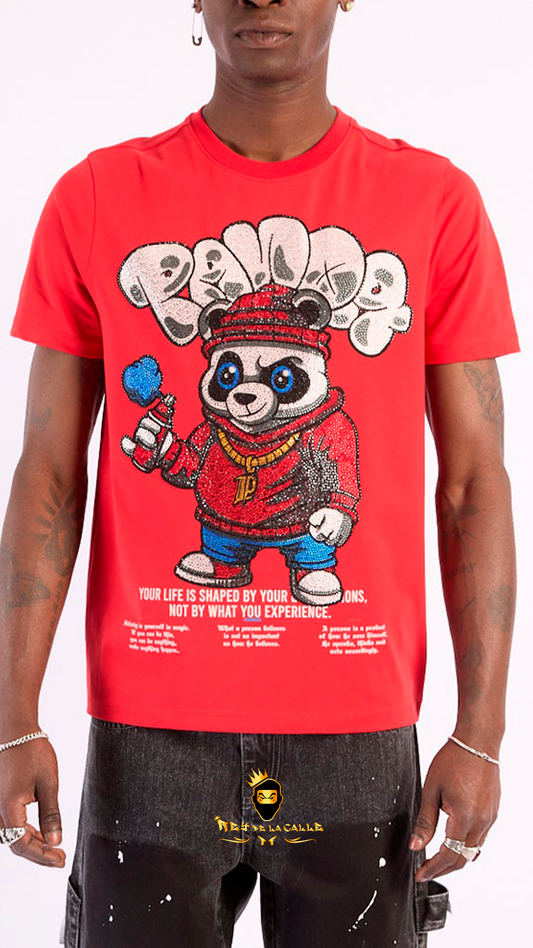 Camiseta Left Point Roja Pedrería Brillante Oso Panda - Rey De La Calle