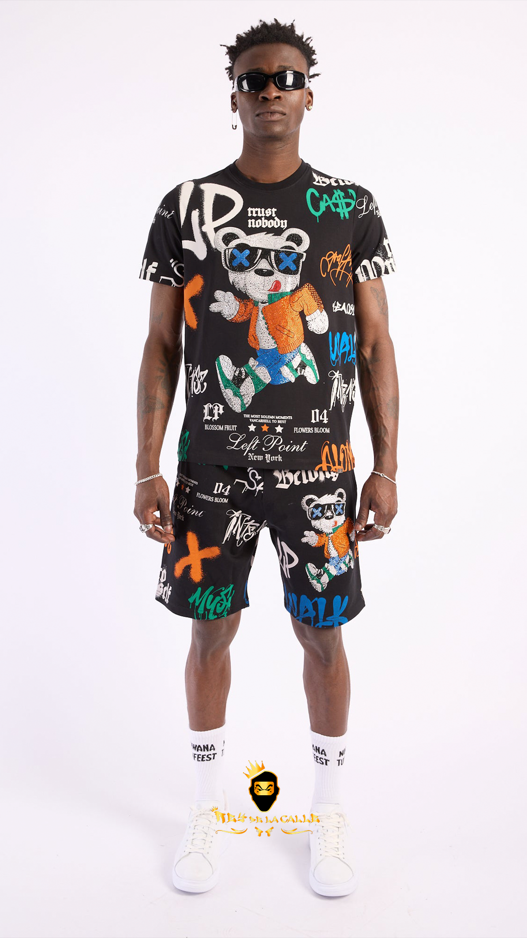 Conjunto Left Point Blanco Pedrería Brillante Oso Trust Nobody Rey De La Calle