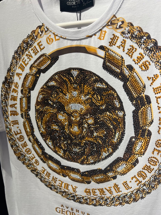 Camiseta Slim Fit Avenue George V París Blanca Pedrería Brillante Sello León - Rey De La Calle